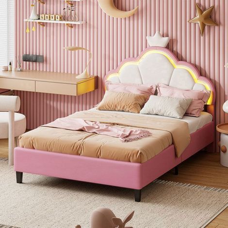 Cama infantil 90x200 cm princesa LED terciopelo rosa - marco contemporáneo con somier de lamas