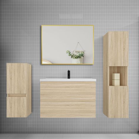Ensemble meuble de salle de bains 80cm vasque + colonne x2 + miroir,chêne