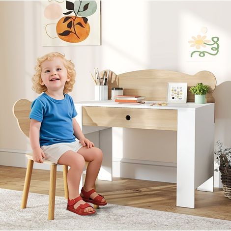 Bureau enfant avec chaise et tiroir, ensemble pratique pour dessin, lecture et devoirs, dossier ourson, bois clair, pour 3 à 8 ans, chambre et jeux  CHICFURN (1/5)