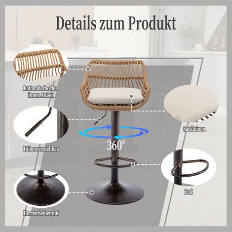 Tabourets de bar en rotin pivotants à 360° et réglables en hauteur, lot de deux tabourets de bar modernes, adaptés aux cuisines, salles à manger et bars. (Beige) (1/4)