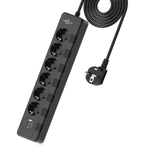 Multiprise Electrique (4000W/16A), Prise Multiple avec Interrupteurs Individuels a 6 Prises et 3 Ports USB (2.4A), Multiprise Parafoudre 500J avec 2M Cordon pour Maison Bureau (1/5)