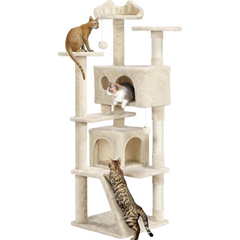 Arbre à Chat 158 cm, Arbre à Grimper avec 2 Niches 3 Plateformes 2 Boules en Sisal Multi-Niveaux Idéal pour 3-4 Chats, Beige (1/5)