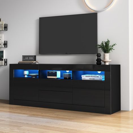 Mobile TV 160x35x60 cm nero in truciolare lucido con LED, 3 vani aperti, 2 ante e 2 cassetti (1/5)
