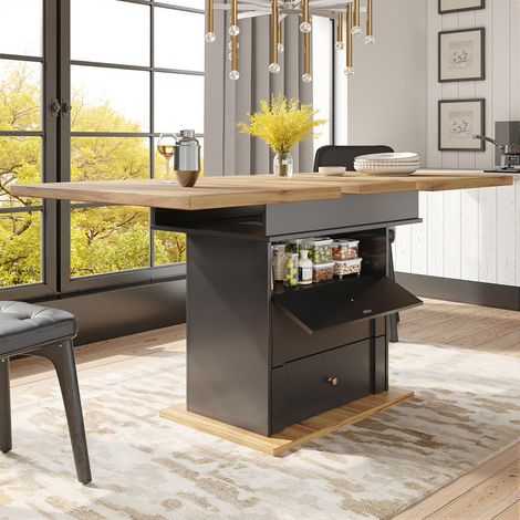 REDOM Tavolo da pranzo allungabile 110-140x80x75 cm, vano nascosto, MDF, nero e naturale
