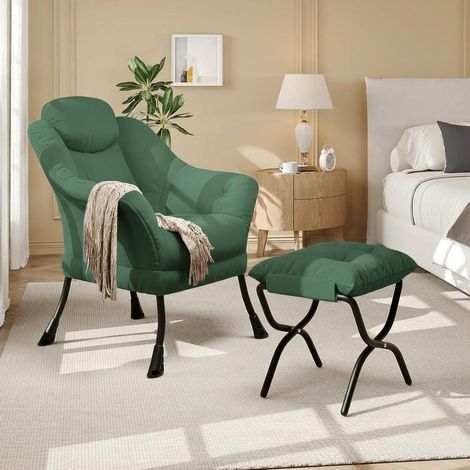 Fauteuil Relax en Fausse Fourrure avec Repose-pieds - Chaise de Salon Compacte avec Poche Latérale - Gris