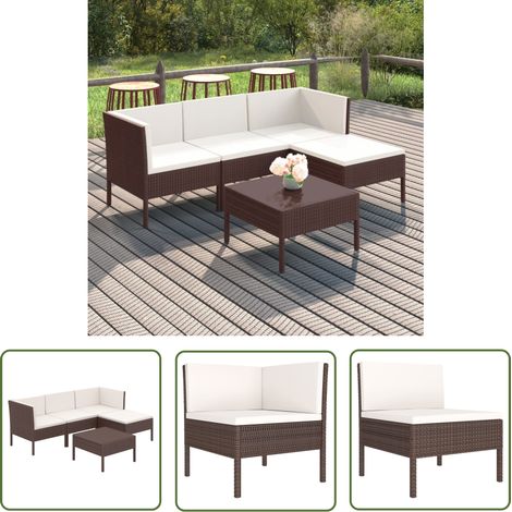 The Living Store Salon de jardin 5 pcs avec coussins résine tressée marron - Salon De Jardin - Mobilier De Jardin - Set De Meubles De Jardin - Résine Tressée - Acier Enduit De Poudre (1/5)