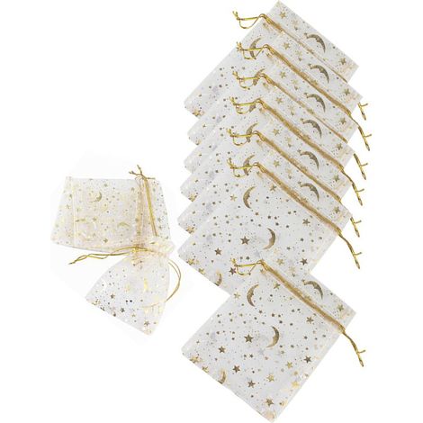 100 Pochettes Organza à Cordon 9x12cm Motif Étoiles et Lunes Tissu Tulle Chic Pochette Cadeau pour Mariage et Fête (1/5)