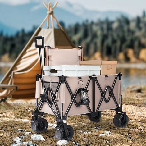 Bollerwagen Gartenwagen Faltbar mit Bremsen 150KG Transportwagen verstellbarem Griff Gartenkarre Gerätewagen Handwagen Geländereifen Strandwagen für Alle Gelände Kaffeebraun (1/5)