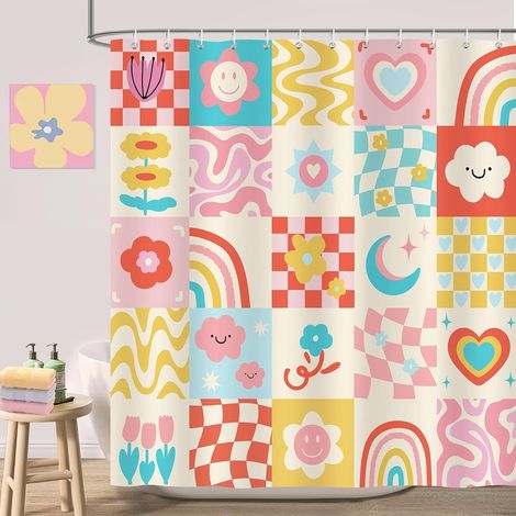 Rideau de Douche Mignon Fleurs, Rideau de Baignoire Coloré Abstraction Damier Arcs-en-Ciel Cœurs Smiley Rétro 180 x 180 cm Polyester Imperméable Résistant à la Moisissure 12 Crochets (1/5)