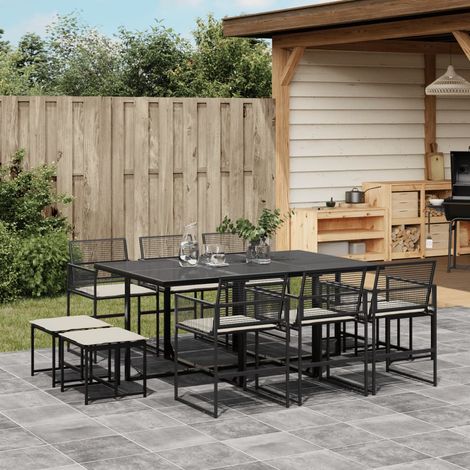 Set de comedor jardín 11 pzas con cojines ratán sintético negro vidaXL (1/5)
