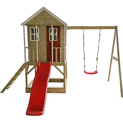 Wendi Toys Holz Stelzenhaus Alpaka mit roter Rutsche, Schaukel und Sandkasten Natur 290x350x242 cmx000D (1/5)