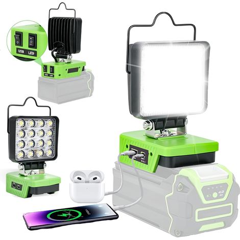 Lampe LED sans fil - Compatible avec batterie - 40 V - 48 W - 4200 lm - Projecteur LED portable - Avec USB et type C - Pour camping, garage - Sans batterie (1/5)