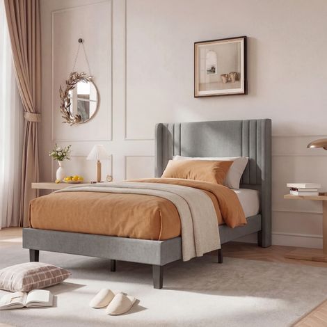 Lit simple rembourré 90x200 cm,lit plateforme en tissu de lin minimaliste moderne,sommier à lattes,tête de lit capitonnée en lin,Gris (1/5)