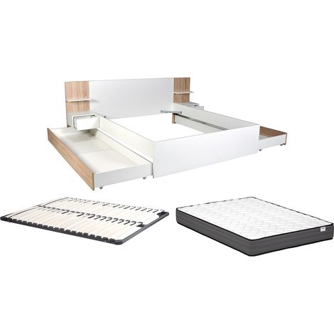Lit avec tiroirs 160 x 200 cm – Avec 2 chevets et tablettes - Blanc et naturel + Sommier + Matelas – KLYRANA