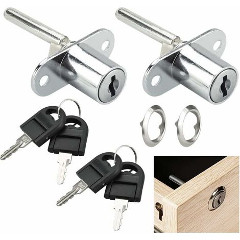 Deux serrures de tiroir de bureau à clé avec cylindres de serrure cylindriques en alliage de zinc (trou de clé de 16 mm). (1/4)