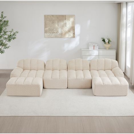 Sofá modular de 4 plazas en U 366x165x79 cm beige con 2 pufs - MEUBLIV (1/5)