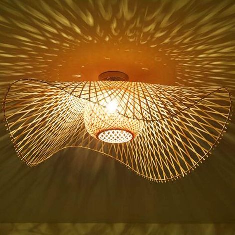 Plafonnier En Rotin De Bambou Naturel Rétro E27 Lampes Vintage Abat-Jour Tissé À La Main Salle À Manger Chambre Salon Plafonnier, 75cm