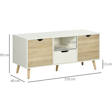 Meuble TV moderne (convient jusqu'à 50 pouces), en panneaux de particules, avec tiroirs, étagères ouvertes et placards, 110x40x50 cm, blanc et couleur bois. (1/5)