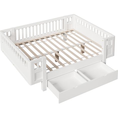 Lit plateforme 140 x 200 cm avec barrière de sécurité et 2 grands tiroirs, blanc (1/5)