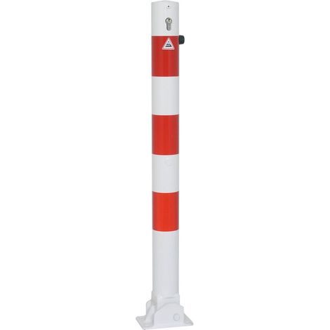 Schake Absperrpfosten umlegbar aus Stahlrohr verzinkt Ø76x2,5mm weiß mit rot reflektierenden Leuchtstreifen, Profilzylinderschloss, Dübelbefestigung und Stahlkappe 900mm Überflur (1/2)