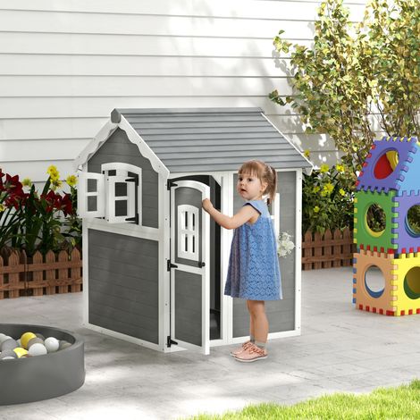 Spielhaus aus Holz für Kinder mit Türen, Fenstern, Pflanzkasten und Boden, für Kinder von 3-8 Jahren, Garten, Rasen, Terrasse, Grau