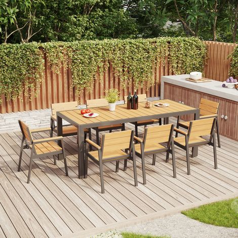 Devoko – Salon de jardin 9 pièces – Ensemble résistant aux intempéries – Table 189 cm et 6 chaises en aluminium – Finition grain de bois couleur teck