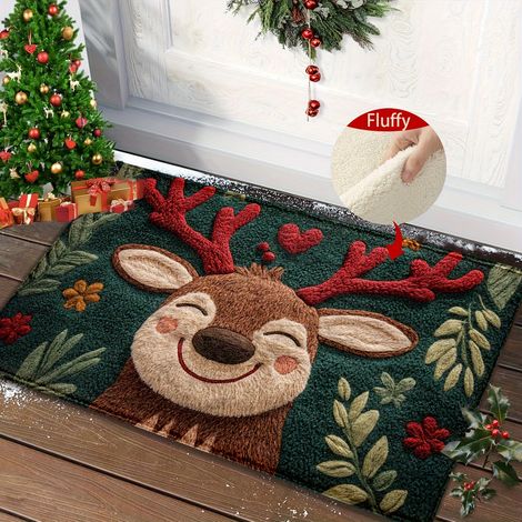 1 tapis de Noël en cachemire imitation renne, doux et confortable - Séchage rapide et absorbant, idéal pour la décoration de porte (1/5)