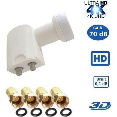 LNB Twin SR-2088, 0.1dB High Gain 70 DB  - Tête Parabole Universelle Compatible Full HD 4K TNTSATCanal+ Astra et FRANSAT+4fiches F (1/3)