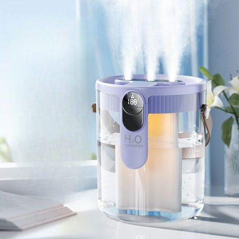 Este humidificador inteligente e recarregável possui um reservatório de água na parte superior e uma luz noturna, sendo ideal para uso doméstico. (1/4)