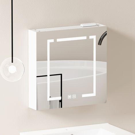 Badmöbel Spiegelschrank mit LED 60 cm modern, wandhängend, MDF und Glas in Weiß, Stauraumschrank