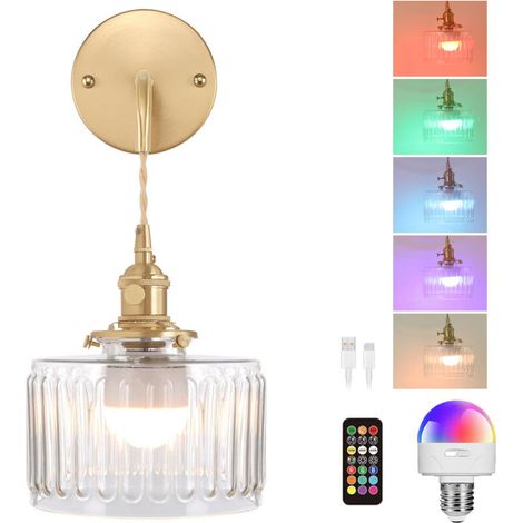Applique murale sans fil rechargeable, style vintage rétro, lumière RGB multicolore, parfaite pour chevet et salon (télécommande et ampoule fournies) (1/5)