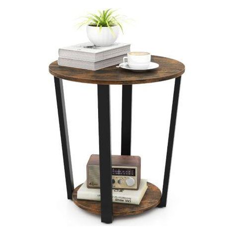 Table d appoint ronde marron rustique à 2 niveaux en bois et métal avec étagère ouverte et pieds réglables pour salon (1/5)