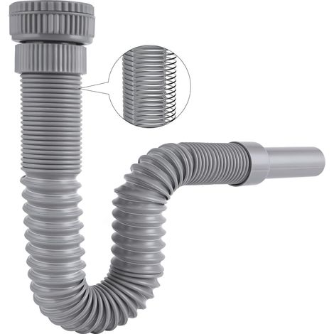 Siphon Lavabo de Bain, Siphon Flexible Anti-Odeurs Avec Fil d'Acier Encastré, G1 1/4" vers G1 1/2" (≈40 & 45 mm)x 32mm, Siphon Evier Cuisine, Evacuation Evier, Tuyau de Vidange Flexible, Gris (1/5)