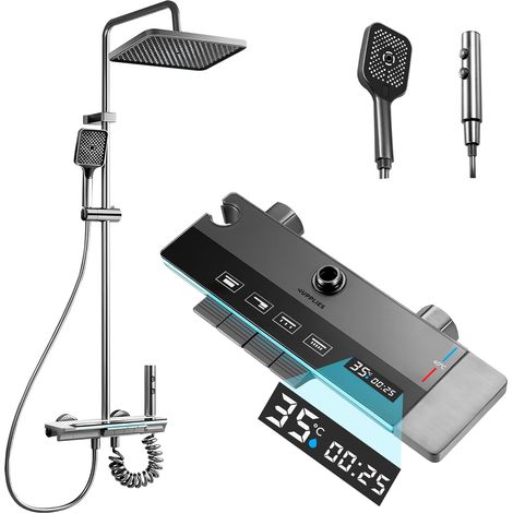 Colonne de Douche Thermostatique Noir Titanium 4 en 1 – Effet Pluie 25cm Écran LED Mitigeur Céramique Douchette + Cascade Baignoire Kit Douche Complète Noir Mat (1/5)