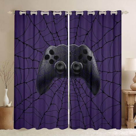 Rideau de fenêtre avec console de jeu, pour garçons, motif manette de jeu, noir, pour filles et garçons, Halloween, araignée Web, Gamer, violet, pour le bureau et la maison, taille XXL - 260x140cm (Hx (1/5)