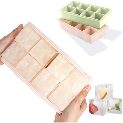 Square Ice Cube Mold, 2 Packs XXL Silicone Ice Cube Molds with Lid for Whiskey, Cocktails and Wine - Flexible, BPA Free and FDA Approved (Pink-Green)