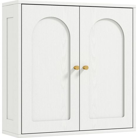 Armoire de salle de bain murale avec étagères, 2 portes cintrées, poignées dorées, 60 x 20 x 60 cm, blanche (1/5)