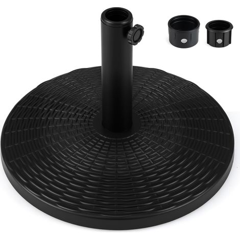 Pied de Parasol Rond Rempli de Béton, Base Parasol en HDPE Effet Rotin avec 2 Adaptateurs Compatible Mâts 38/48 mm, Socle de Parasols Lourd, Noir (1/5)