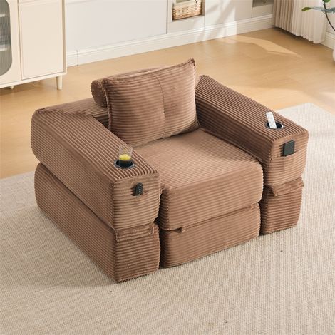 Canapé Convertible 1 Place - 122x98x80cm - Chauffeuse Pliante en Velours Côtelé avec Ressorts, Porte-Gobelet - Marron (1/5)