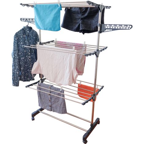 Etendoir pliable sur roulettes - 3 niveaux - Séchoir à linge acier - H145 cm - 10 cintres - 20 pinces à linges - 2 porte-cintres (1/5)