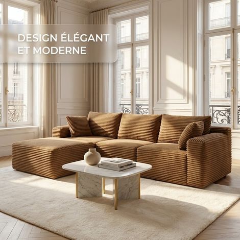 Canapé d’angle taupe Full Mousse – Ultra Confort en Tissu Côtelé – 250 x 160 cm – Design Moderne et Cosy