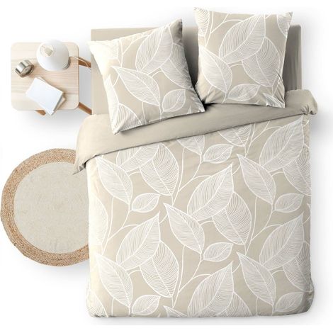 Housse de couette 240 x 220 cm AMANDA + 2 taies – Coton 57 fils – Motif feuilles – Naturel
