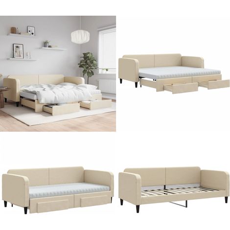 Lit de jour avec gigogne et tiroirs crème 90x200 cm tissu - Canapé Convertible - Lit D'appoint - Literie - Meuble Multifonctionnel - Rangements Intégrés - Home & Living