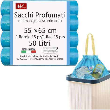 Sacs poubelle 55 x 65 cm, parfum talc avec poignée coulissante, 50 L, 4 rouleaux de 60 pièces, sac de collecte différencié recyclable pour cuisine, salle de bain, bac moyen (bleu) (1/5)
