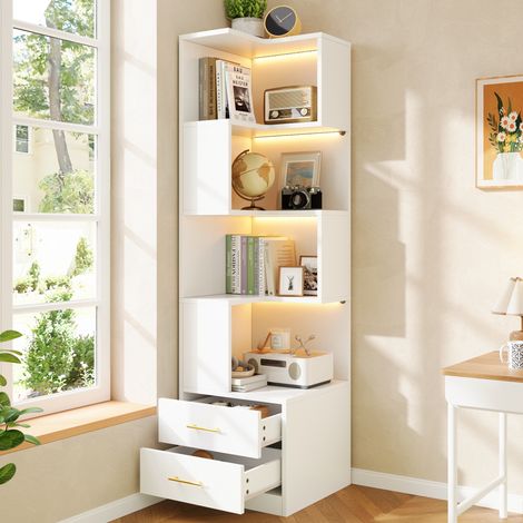 Scaffale angolare bianco 165 cm con LED e 2 cassetti, 4 ripiani, legno (1/5)