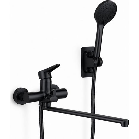 Mitigeur de baignoire avec douchette à main, robinet de baignoire avec long bec de 30 cm, mitigeur de baignoire en laiton chromé (noir) (1/5)
