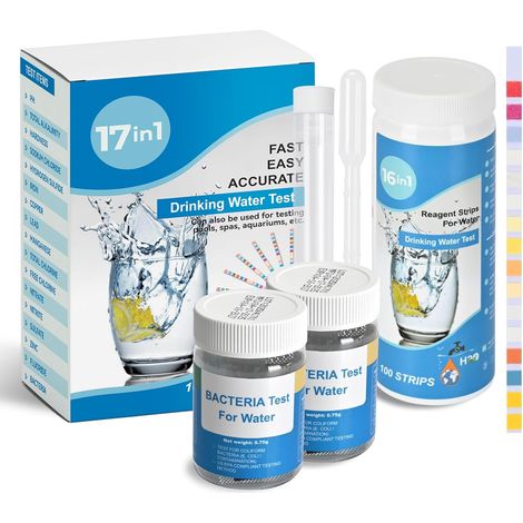 Bandelette Test Eau 17 EN 1 (100 bandelette Test Eau 16 paramètres + 2 Tests Bactéries), Kit Analyse Eau pH, Dureté totale, Chlore, Fluorure et plus encore pour piscines, spas, aquariums (1/5)