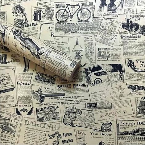 Papier peint vinyle autocollant, style journal, 45 cm x 10 m imperméable, repositionnable, vintage (1/5)