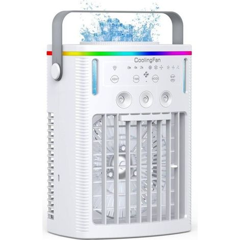 Climatiseur portable 4-en-1, mini ventilateur avec réservoir d'eau 1000 ml, minuterie 2/4/6 h, 3 brumisateurs, 7 veilleuses, rechargeable USB pour bureau -KZQ (1/4)