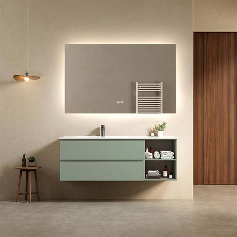 Mobile bagno sospeso 140 cm Verde Salvia Lavabo a Sinistra in Resina Specchio Quadro Retroilluminato - Fiji Paint Plus (1/4)
